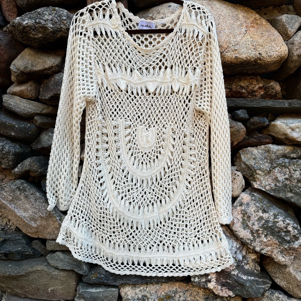 Ivory Crochet Knit Boho Tunic Top – Open Weave, Long Sleeve
